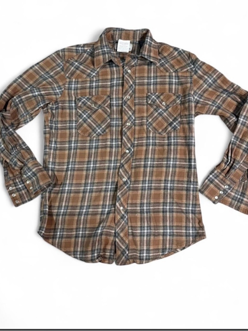 Vintage Wrangler Wrancher Pearl Snap Flannel Shirt Tan Western Cotton Plaid